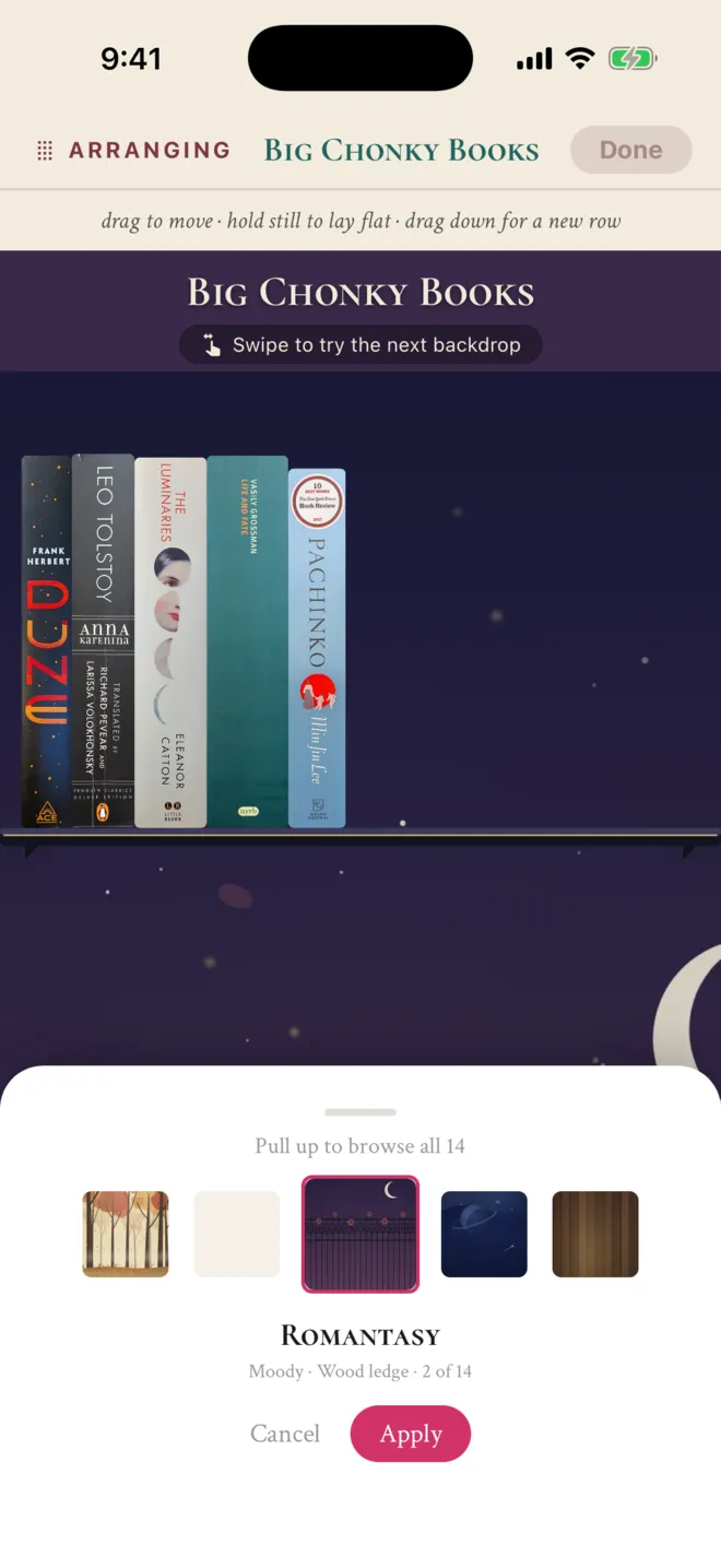 A backdrop preview over the shelf, with thumbnail choices and Cancel and Apply controls in a bottom sheet