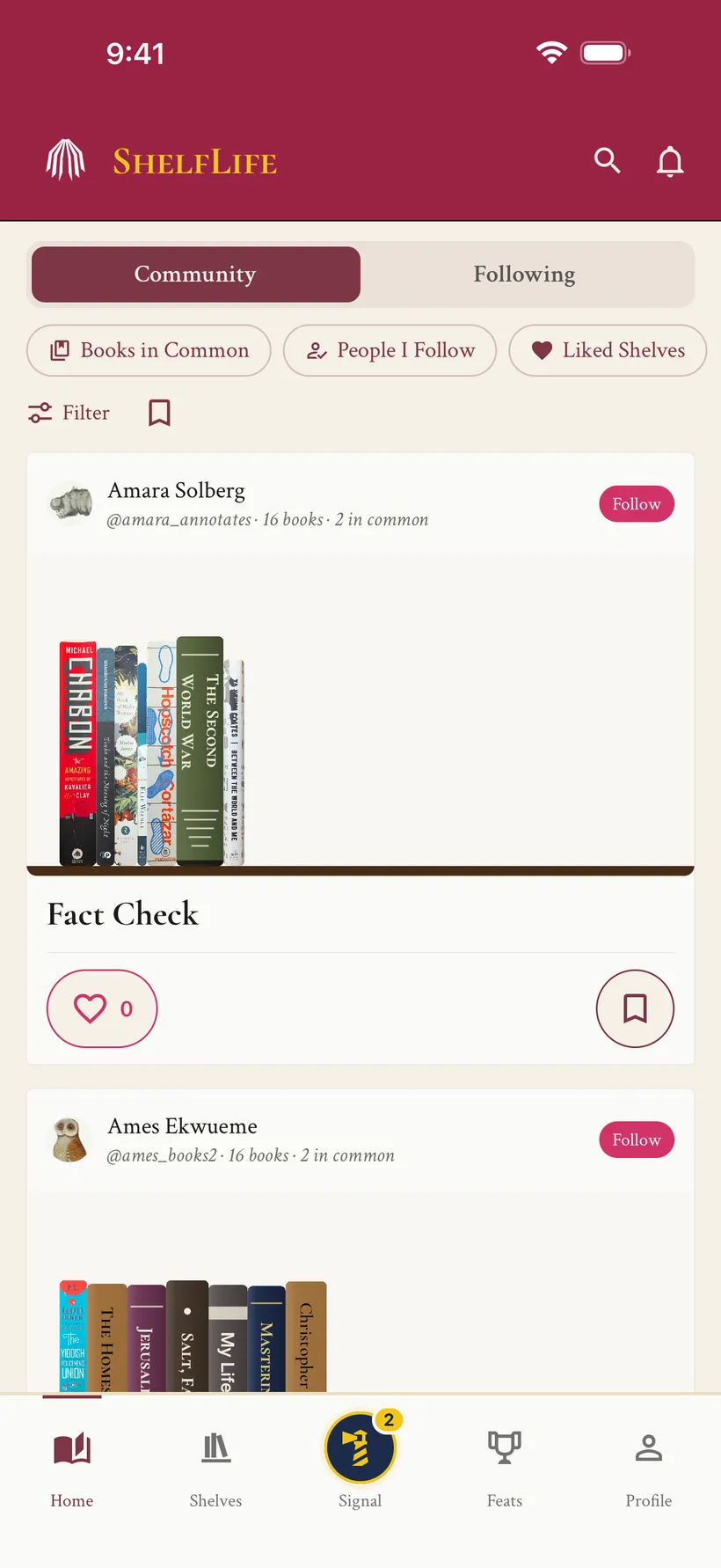 Community shelves with reader names, books in common, and follow, like and save actions