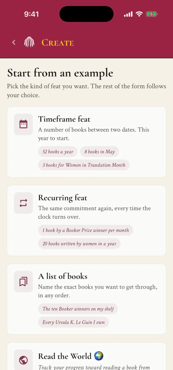 Create a Feat screen offering timeframe, recurring, list and Read the World goals with examples