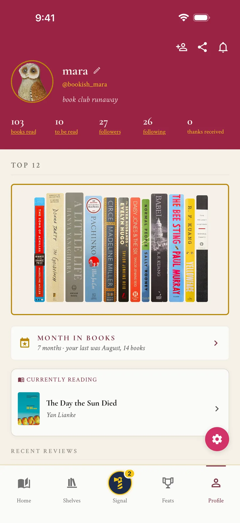 A ShelfLife reader profile with a Top 12 shelf of favorite books and currently reading section