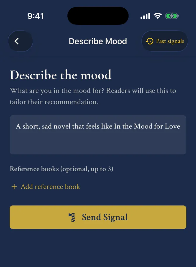 Book Signal compose screen with a mood description, optional reference books and Send Signal button